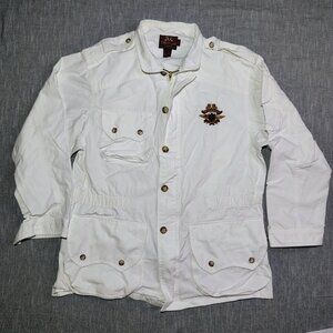 VINTAGE Willis‎ Geiger Safari Jacket Mens White Embroidered Logo Pointed Flap